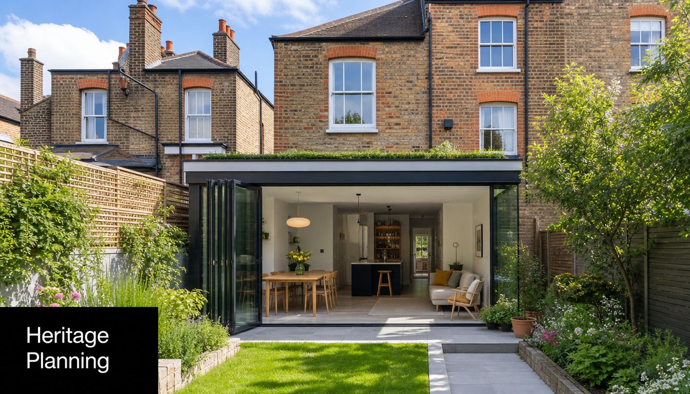 A modern home extension featuring floor-to-ceiling glass doors opening onto a lush garden with a dining area.