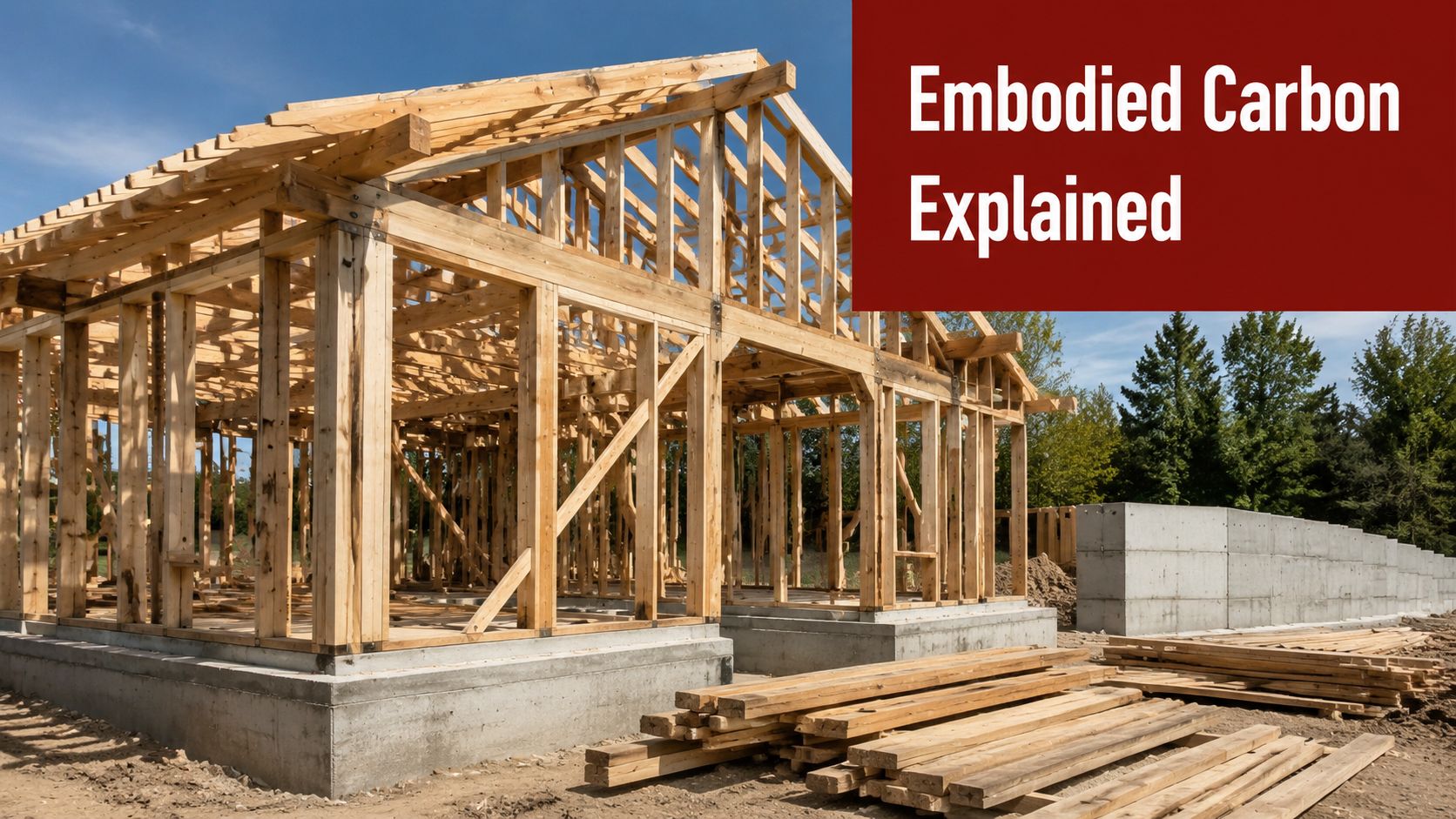 Wooden house frame under construction outdoors with concrete foundations and piles of lumber nearby.