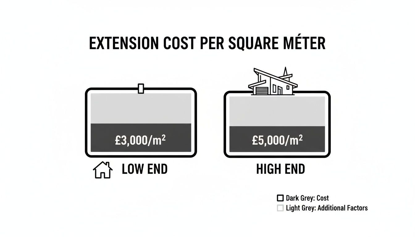 Infographic showing extension costs per square meter, with low end at £3,000/m² and high end at £5,000/m².