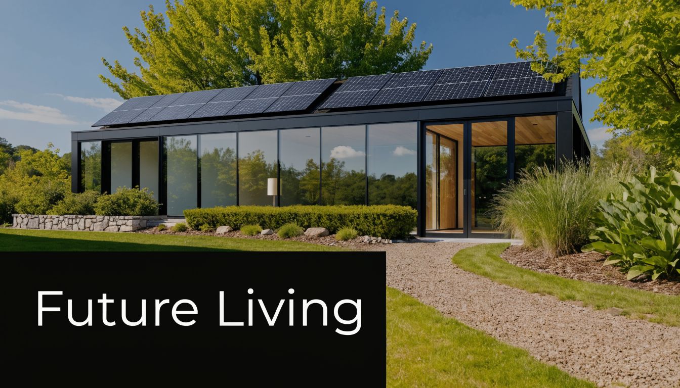 A sleek, modern solar-powered home with large glass walls nestled in a lush, green landscaped garden.