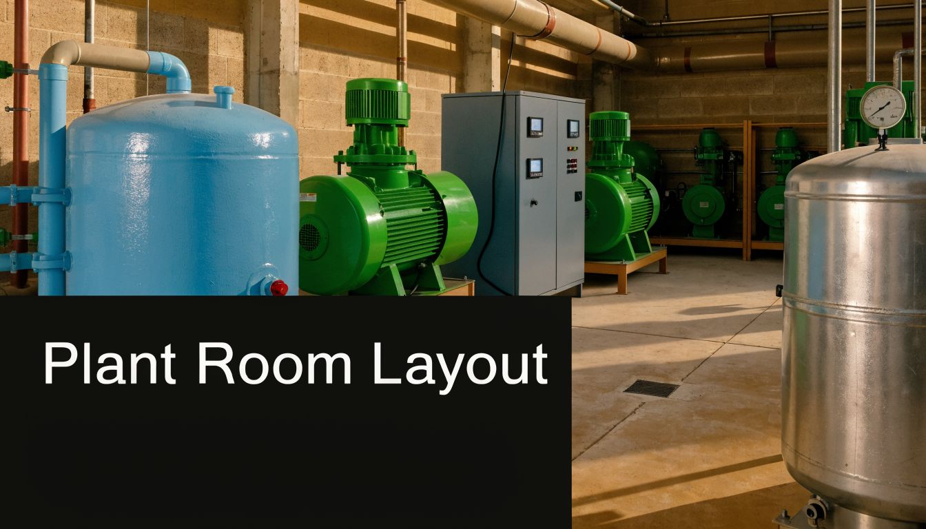 Industrial swimming pool plant room featuring large blue storage tanks, green motors, pumps, and control equipment.