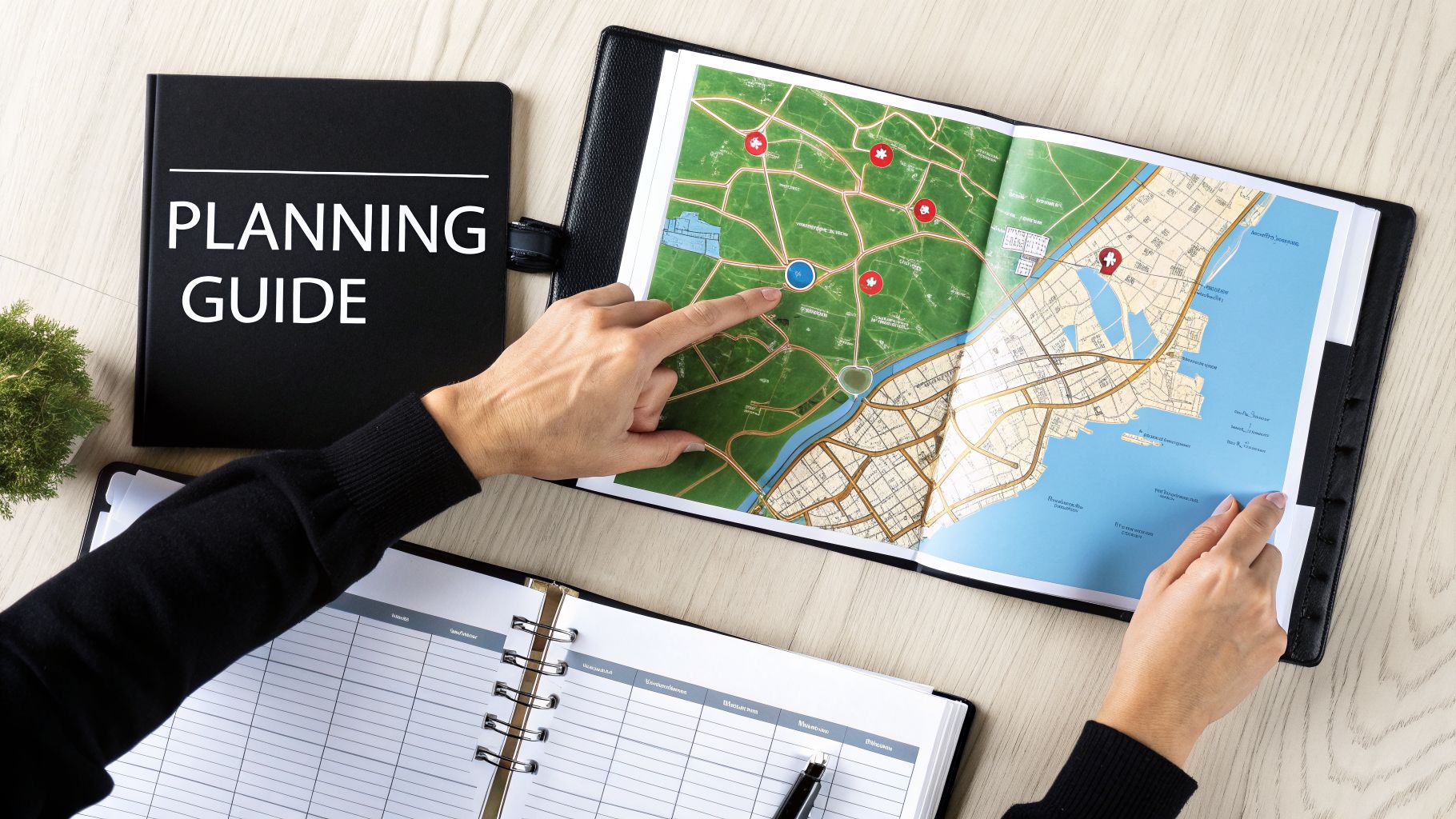Top-down view of a person's hands pointing at a map in a binder, next to a 'PLANNING GUIDE' book.