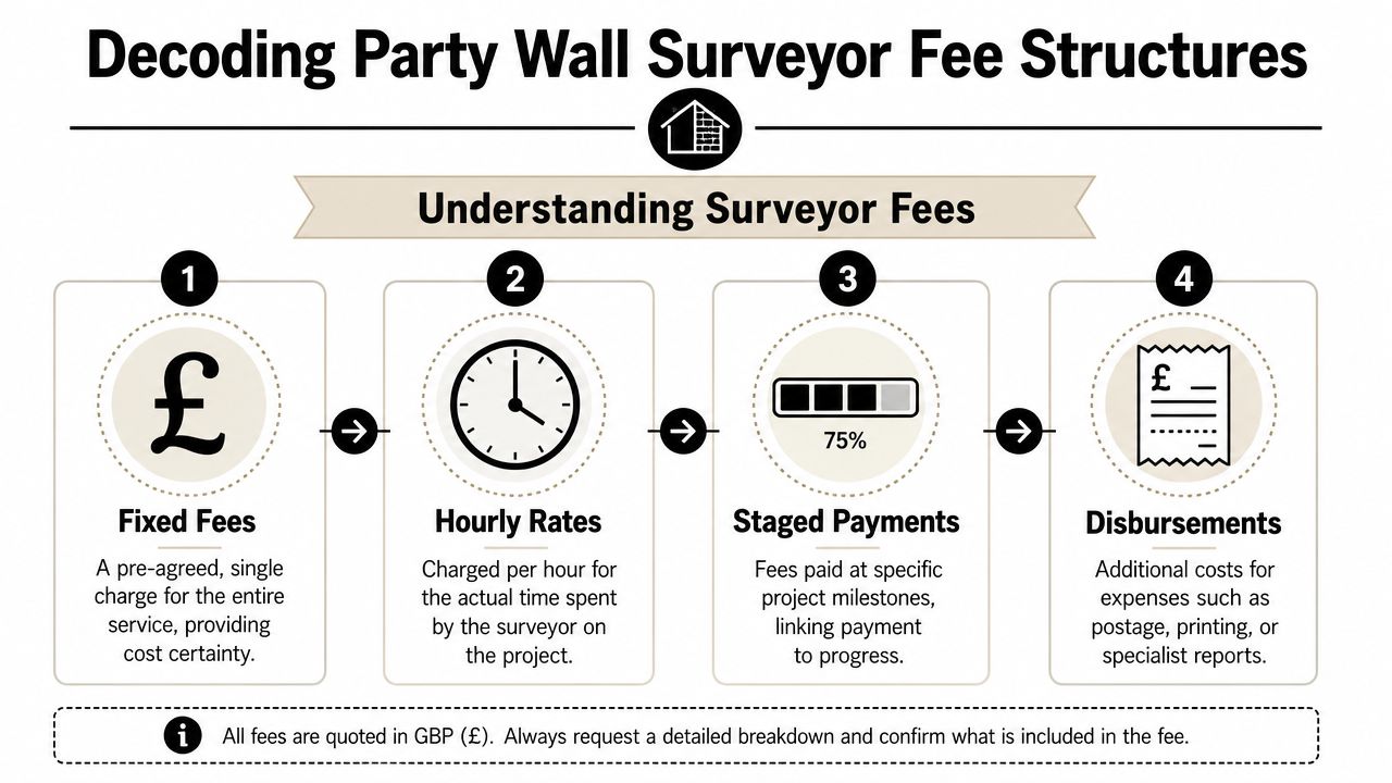 An infographic titled Decoding Party Wall Surveyor Fee Structures outlining four common billing methods used by surveyors.