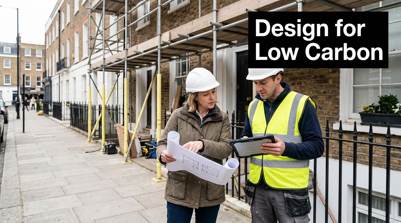 A woman and a man in construction gear reviewing blueprints and a tablet on a London street.