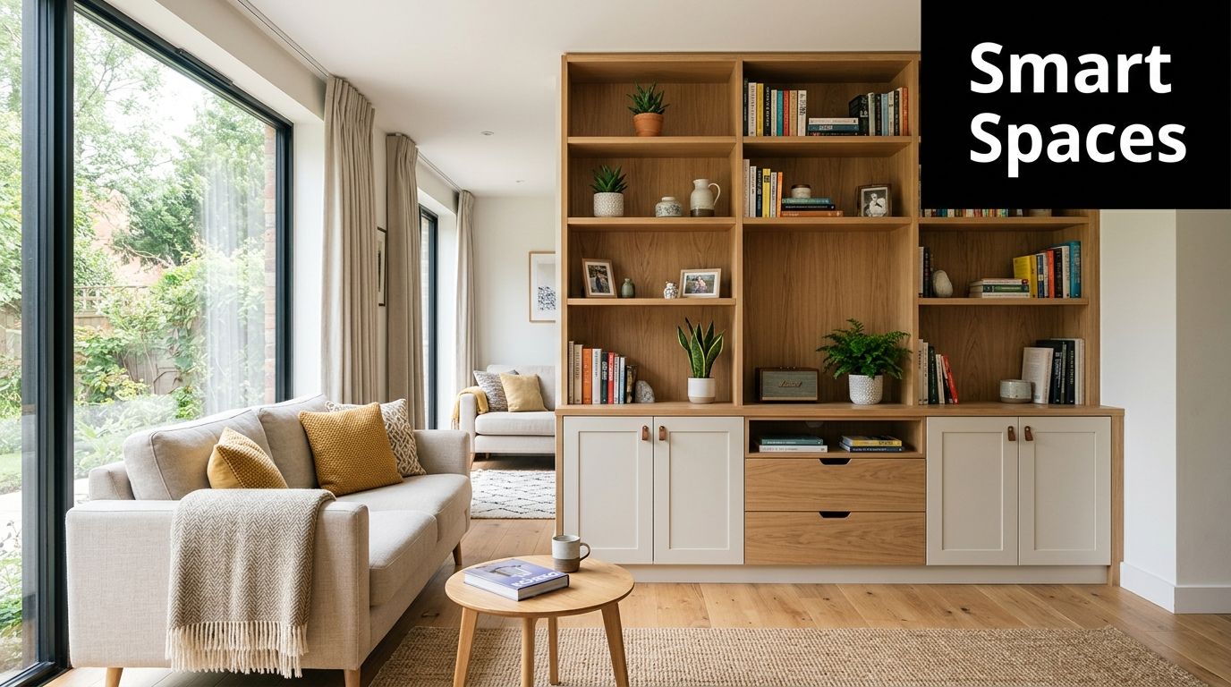 A modern living room with a beige sofa, wooden coffee table, and large built-in storage shelving unit.
