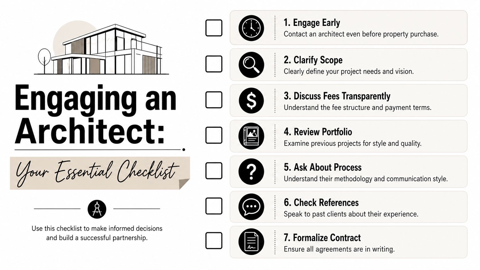 A checklist infographic titled Engaging an Architect with seven essential steps for working with architectural professionals.