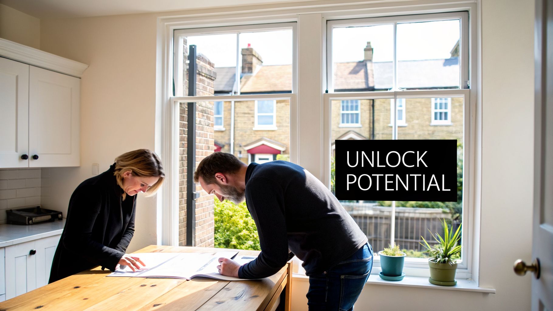 A man and woman review renovation plans on a wooden table in a bright room with an 'UNLOCK POTENTIAL' sign.