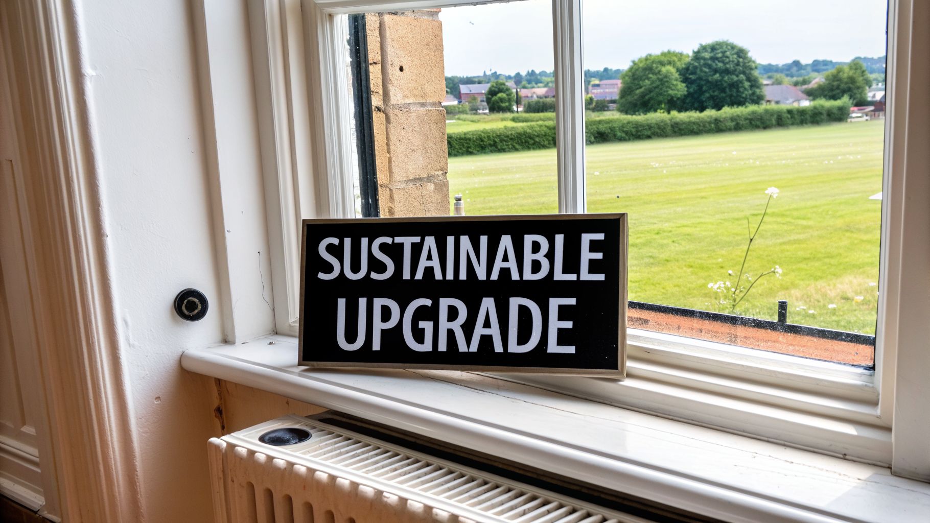 A 'Sustainable Upgrade' sign on a white window sill overlooks a green field and trees.