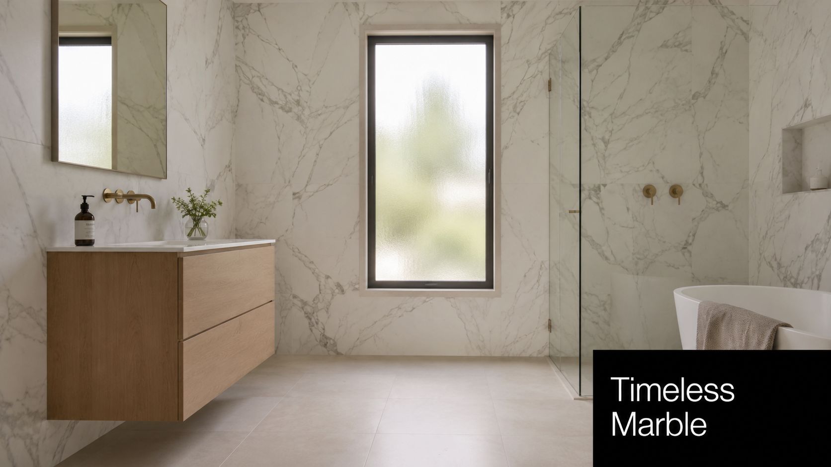 A luxurious modern bathroom featuring white marble walls, a light wooden vanity, and a freestanding soaking bathtub.