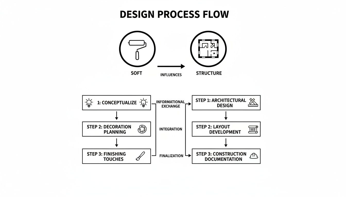 Diagram illustrating a design process flow, connecting soft decoration steps with structural architectural stages.