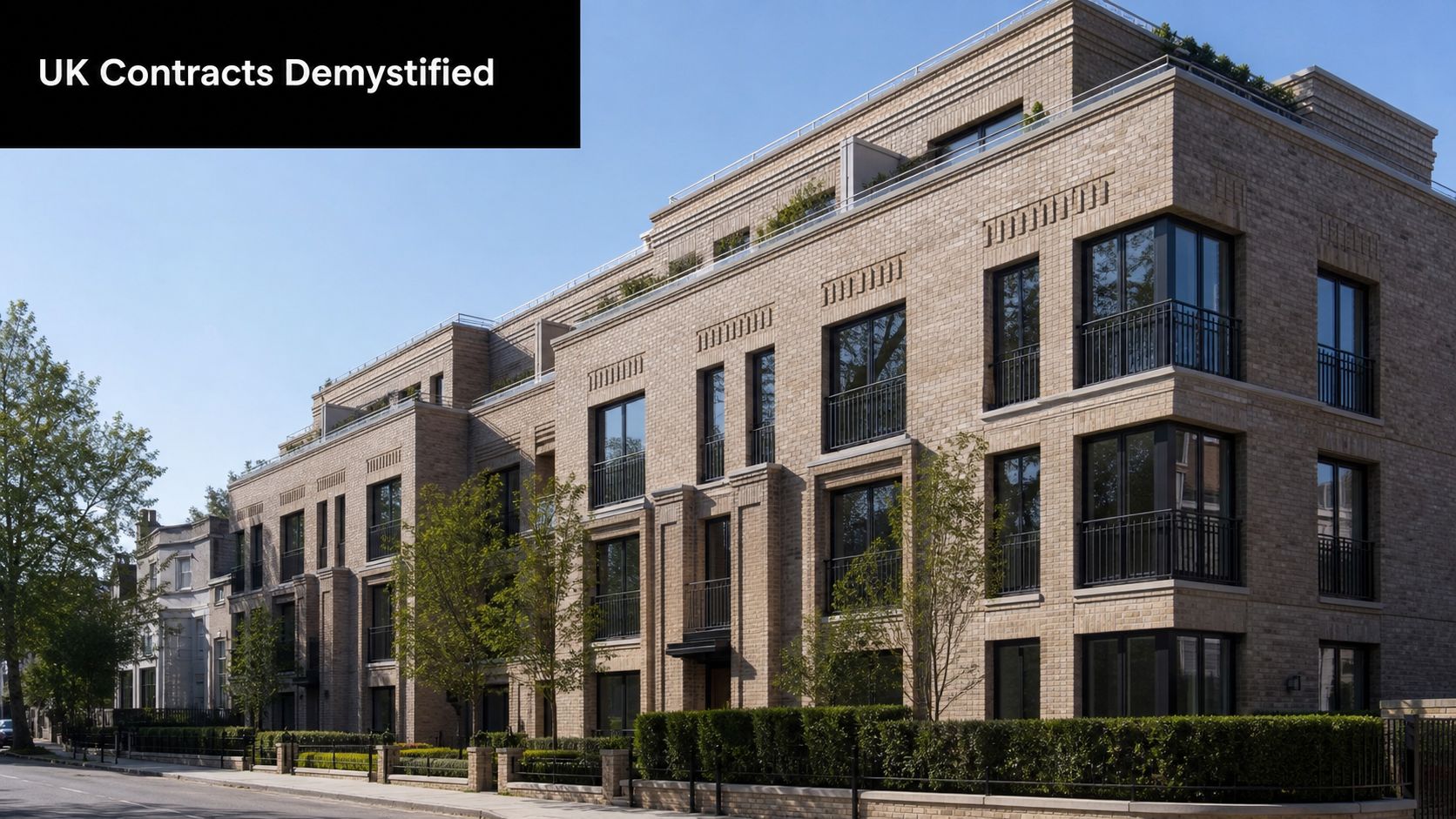 A modern brick residential apartment building with balconies and greenery on a sunny day in the UK.