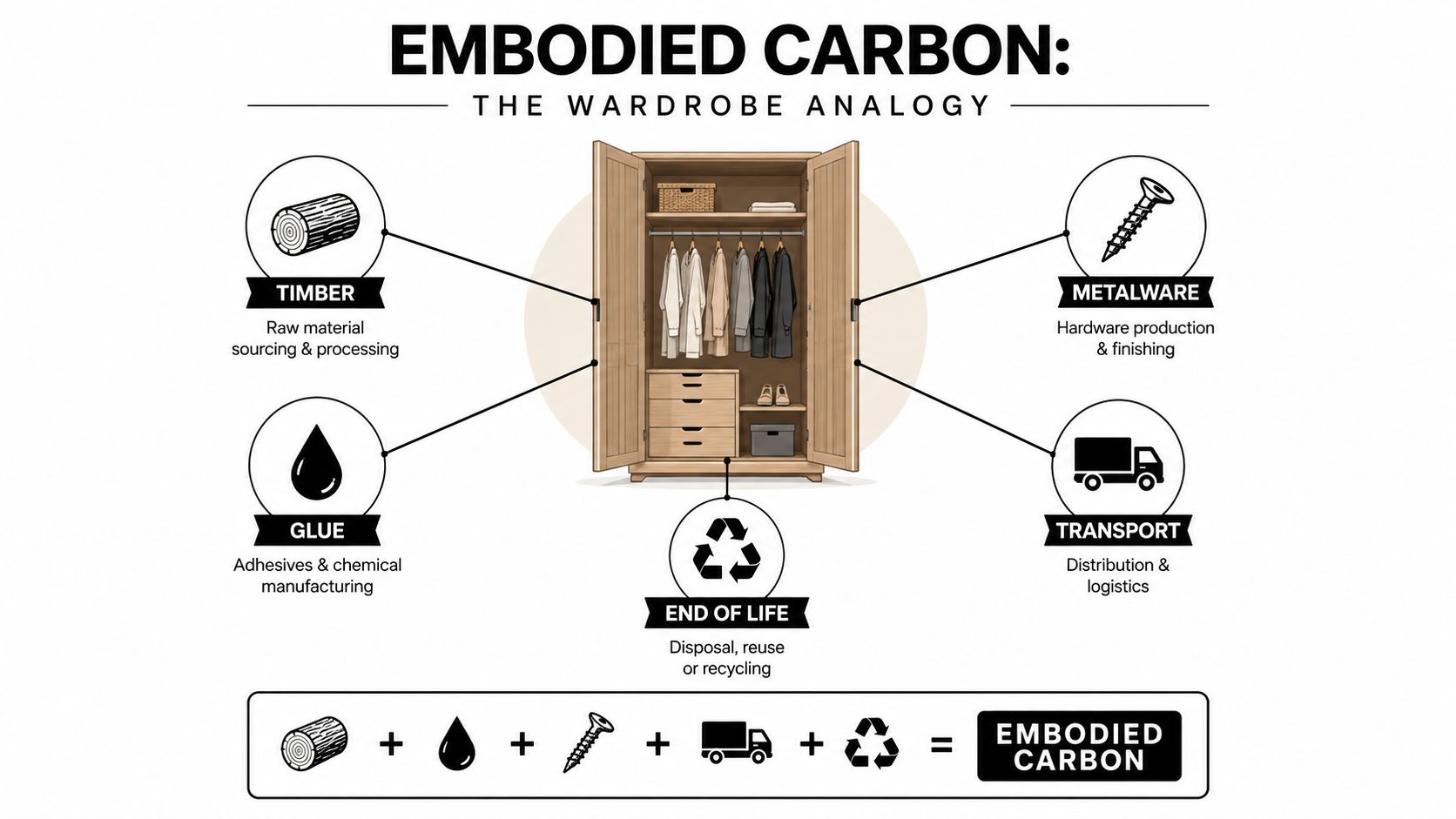 A diagram explaining embodied carbon in furniture using a wardrobe to represent materials, production, and end-of-life.