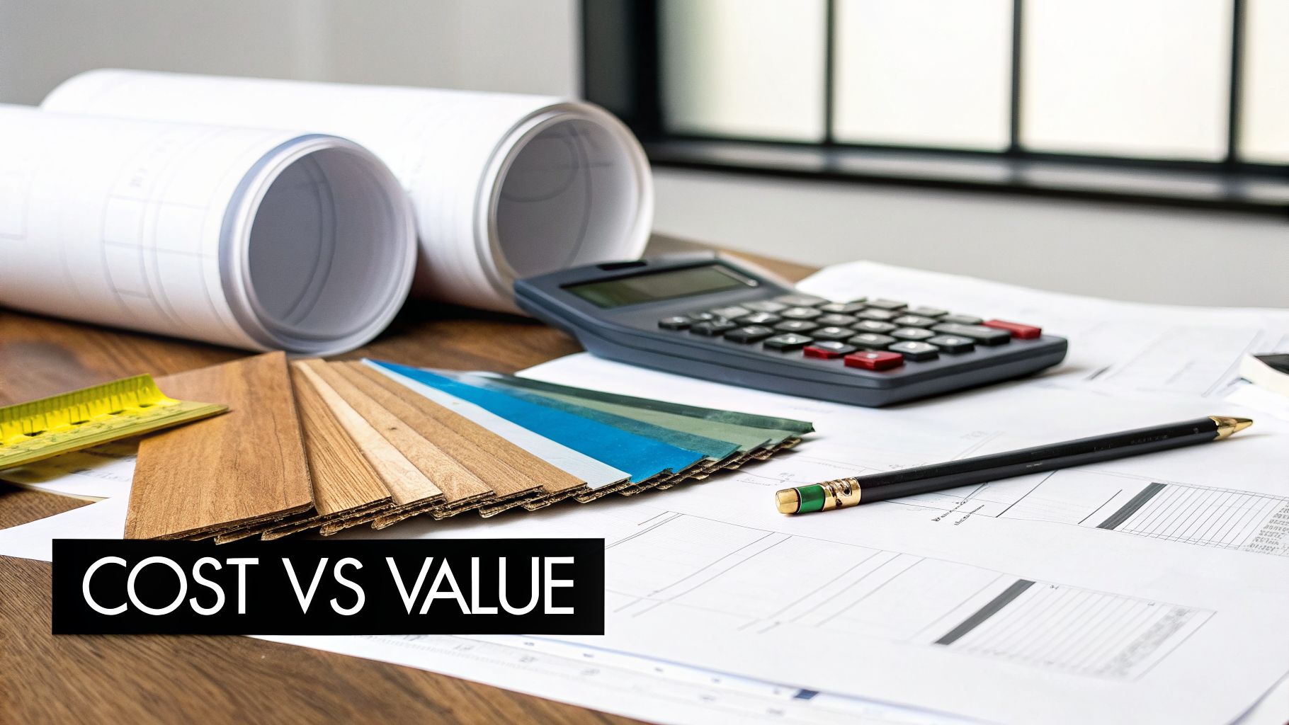 Architectural blueprints, wood samples, color swatches, a calculator, and a pen on a wooden desk for cost evaluation.