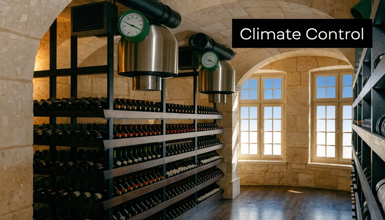 A sophisticated stone home wine cellar with organized bottle racks and climate control monitoring equipment.