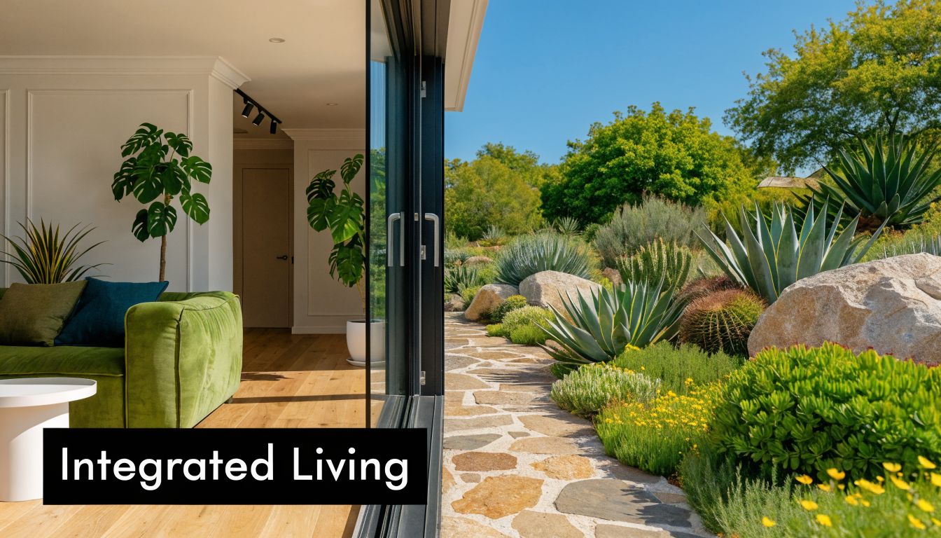 A modern living room seamlessly transitions to a sunlit xeriscaped garden through open glass sliding doors.