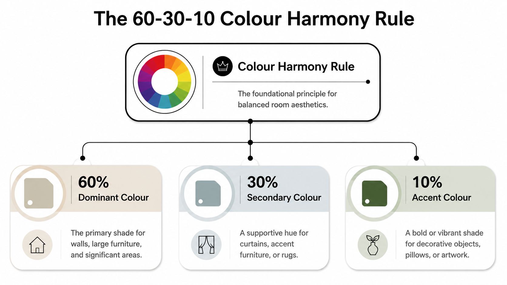 A diagram explaining the 60-30-10 interior design colour rule with percentages for dominant, secondary, and accent colours.