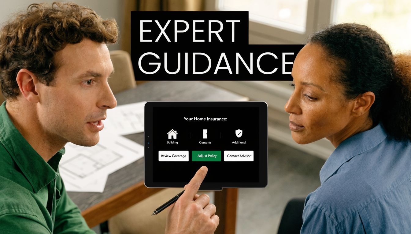 A couple consults with an expert while using a digital tablet to review their home insurance policy.