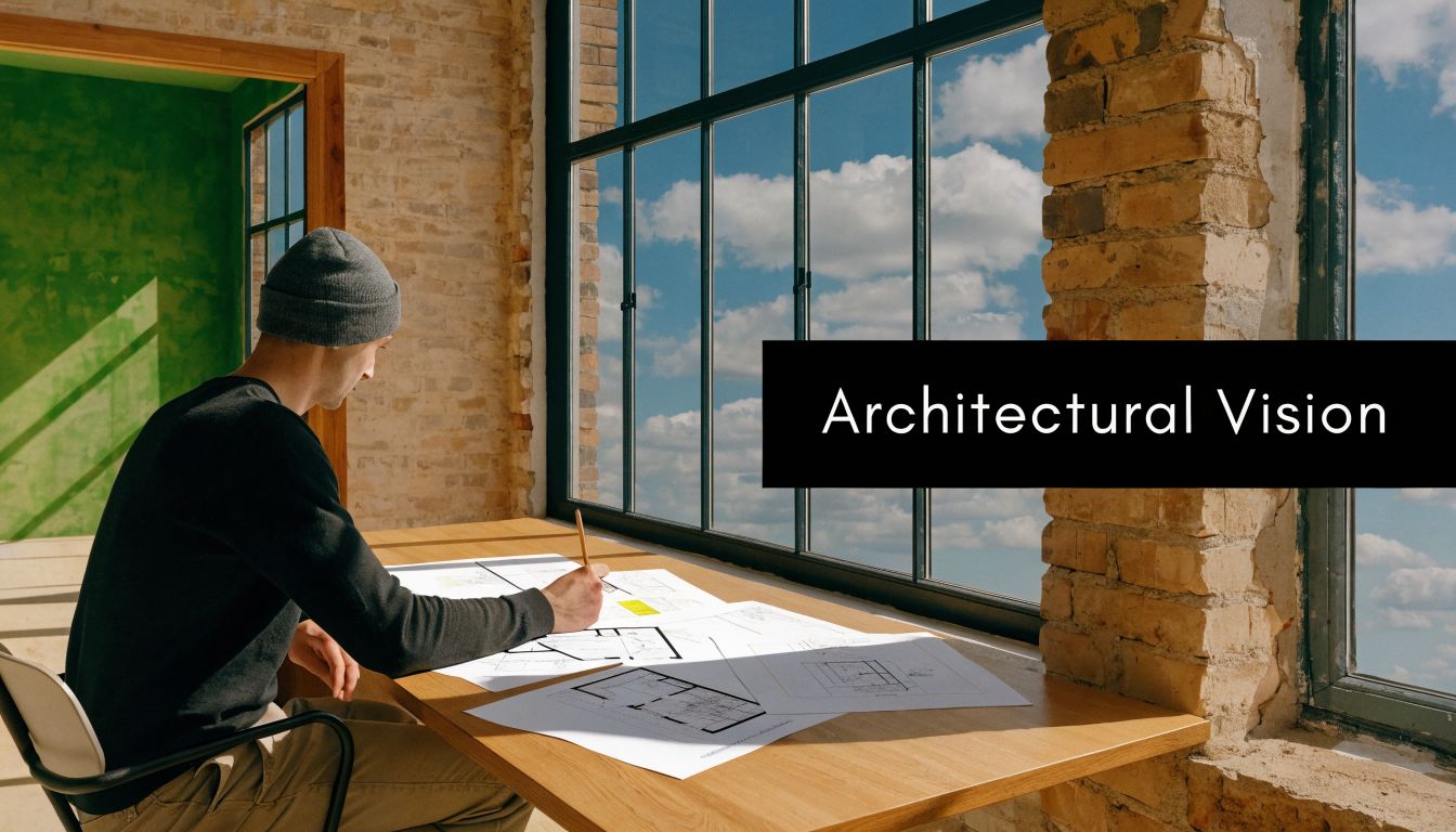A male architect in a beanie sitting at a wooden desk sketching floor plans in a sunlit office.