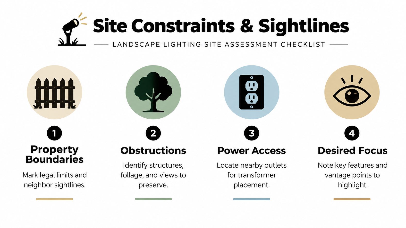 An infographic checklist for landscape lighting design, detailing property boundaries, obstructions, power access, and desired focus.