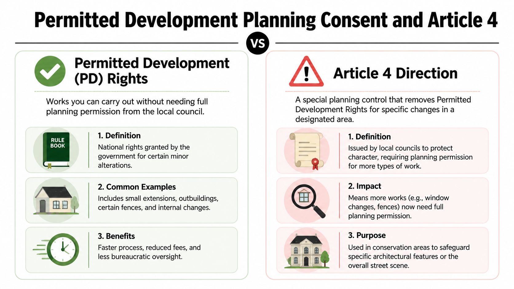 A comparison infographic between Permitted Development rights and Article 4 Direction planning controls for home improvements.