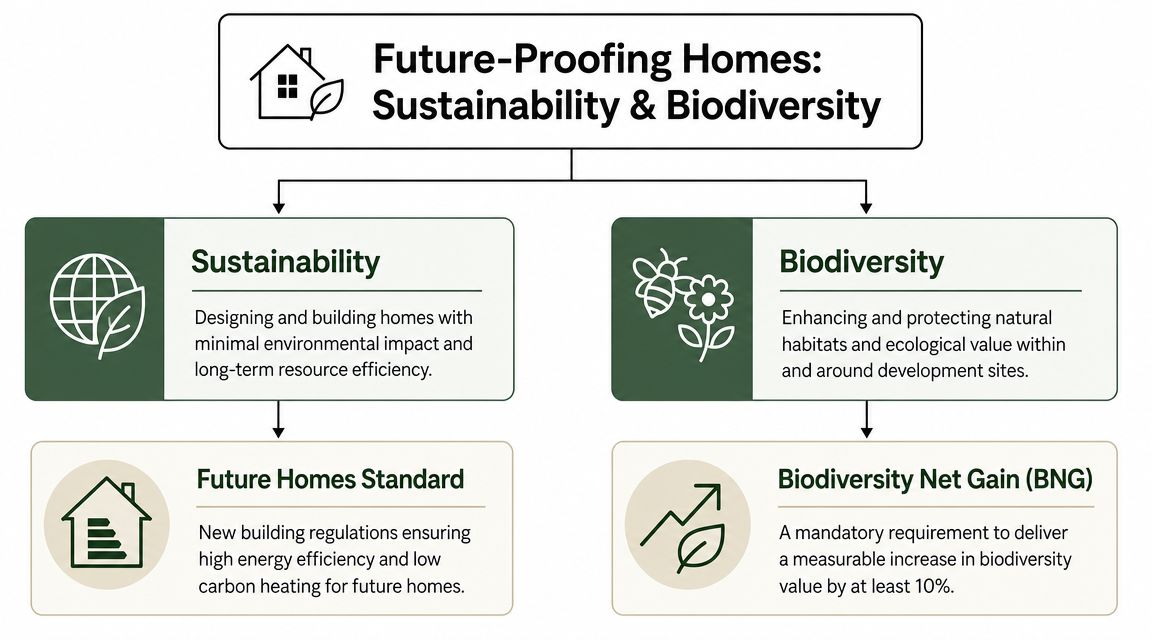 A diagram outlining the concepts of future-proofing homes through sustainability and biodiversity initiatives for developers.