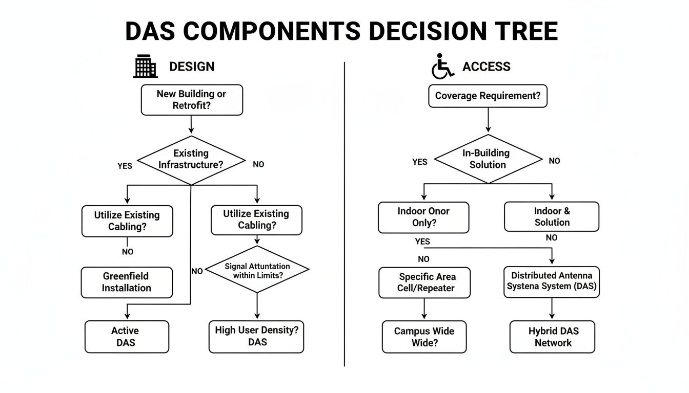Decision tree flowchart illustrating DAS components selection based on design factors and access requirements.