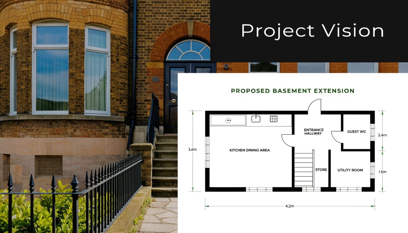 A photograph showing a residential building exterior with an overlay of a proposed basement extension floor plan.