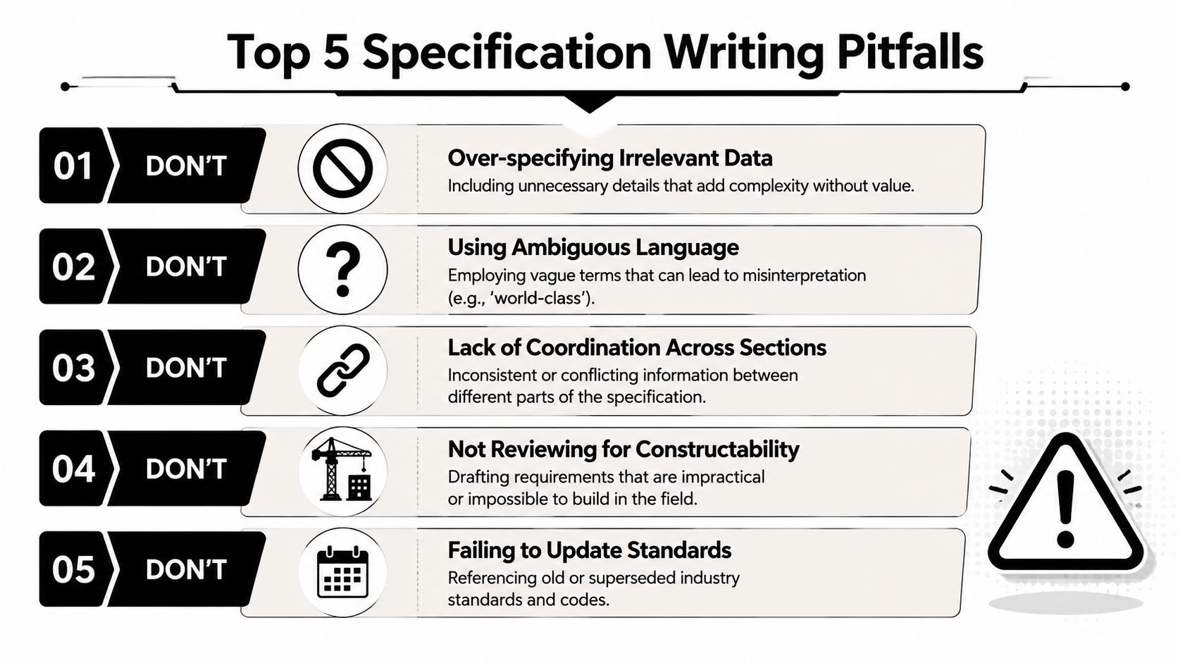 An infographic listing the top five common pitfalls to avoid when writing project or construction specifications.