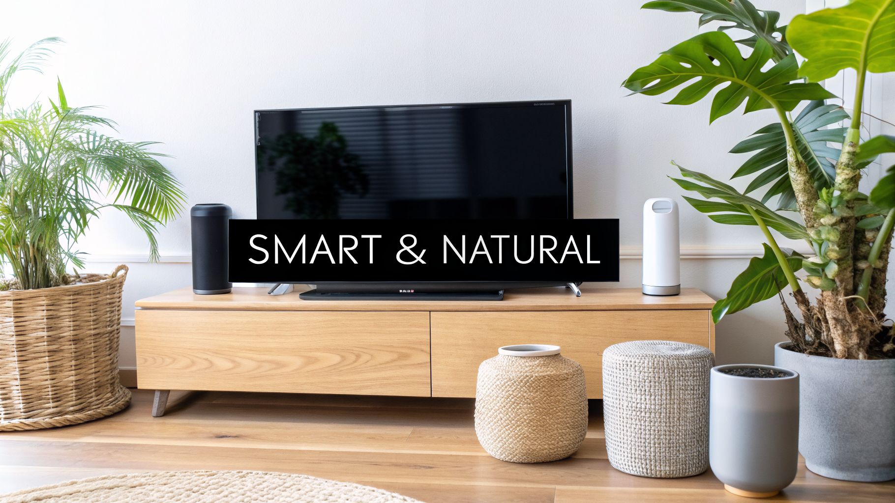 A modern living room with a TV, smart speakers, and large green plants on a wooden console, emphasizing smart and natural living.