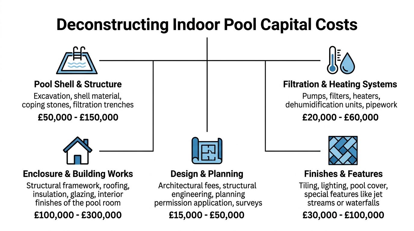 An infographic titled Deconstructing Indoor Pool Capital Costs showing price ranges for different pool construction project phases.