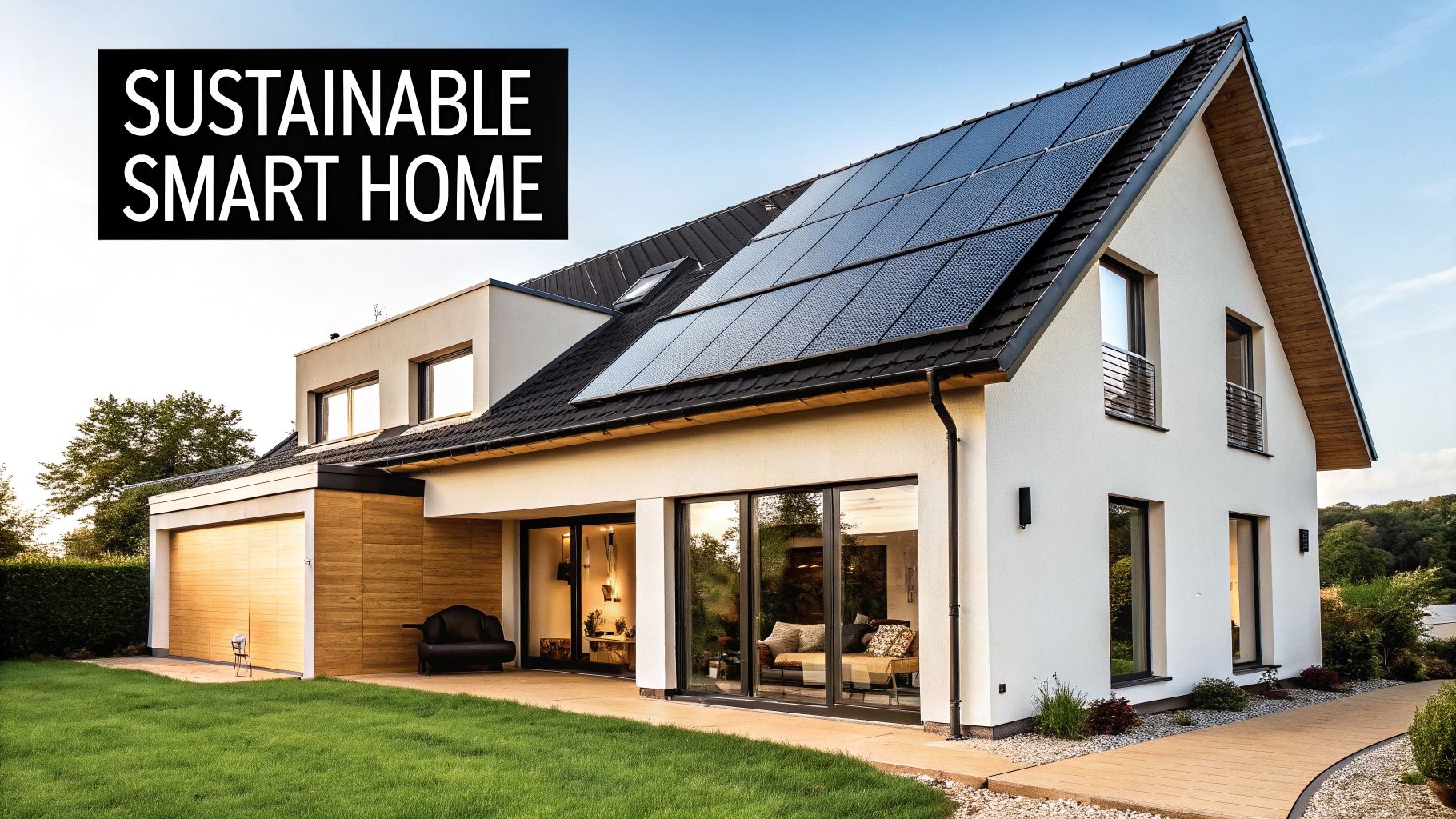 A modern, white sustainable smart home with solar panels on the roof and a green lawn.