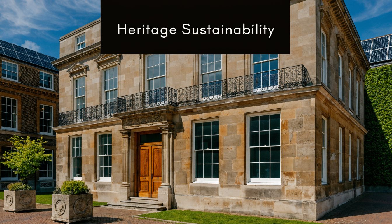 A historic stone building featuring modern sustainable updates with a clear blue sky background.