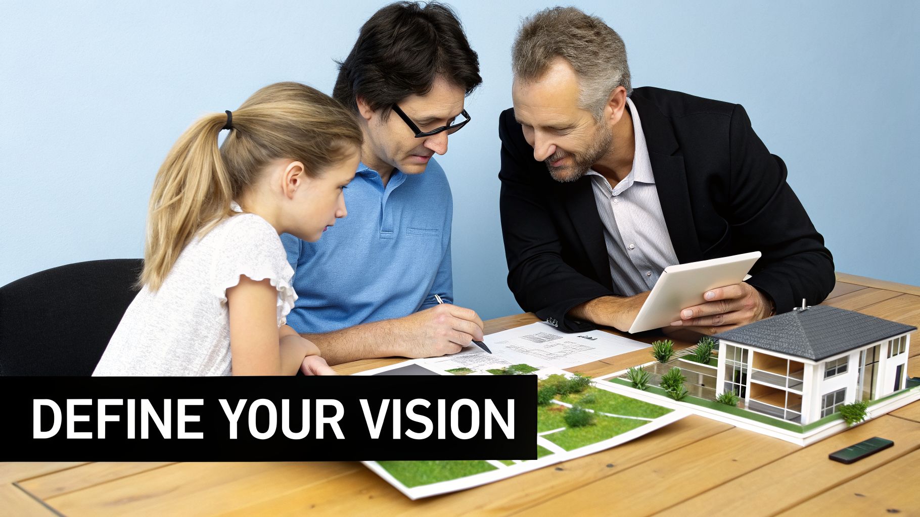 Father and daughter define their vision with an architect, reviewing house plans and a model.