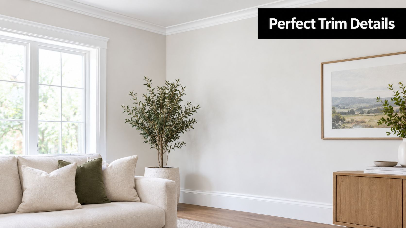 A minimalist living room featuring elegant white crown molding, baseboards, and a neutral color scheme.