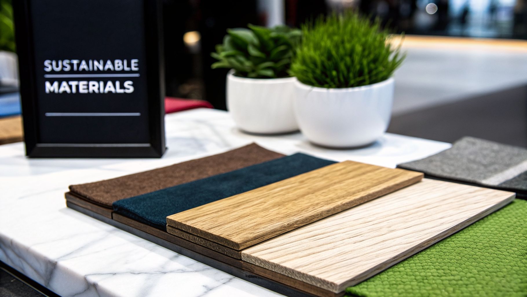 Sustainable material samples including wood planks and fabric swatches displayed on a white marble table.