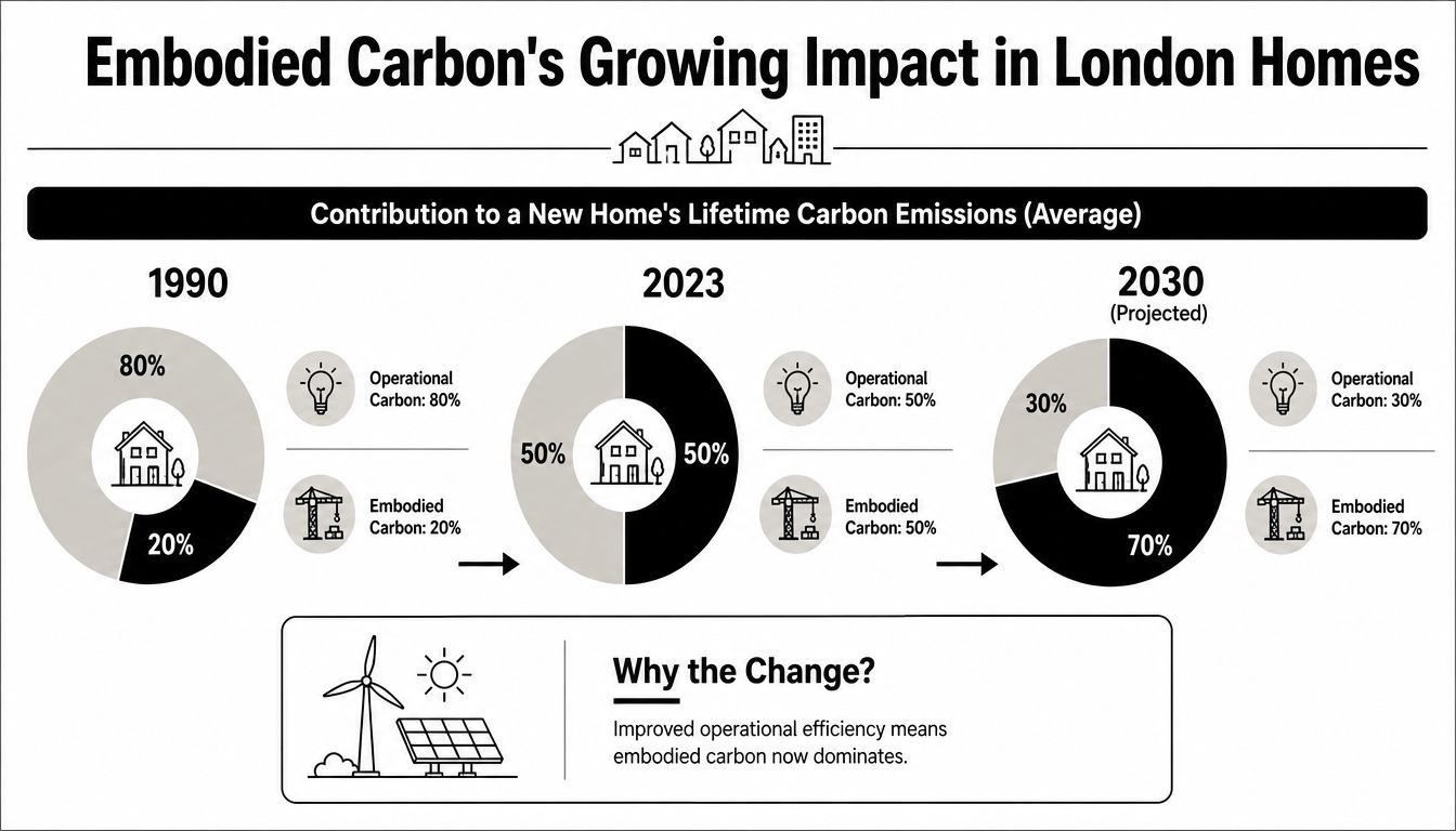 A chart showing the increasing percentage of embodied carbon in London homes from 1990 to 2030.