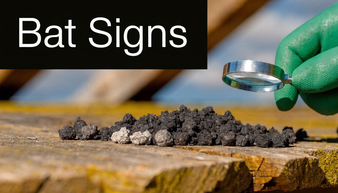 A gloved hand uses a magnifying glass to inspect bat guano on a weathered wooden surface.
