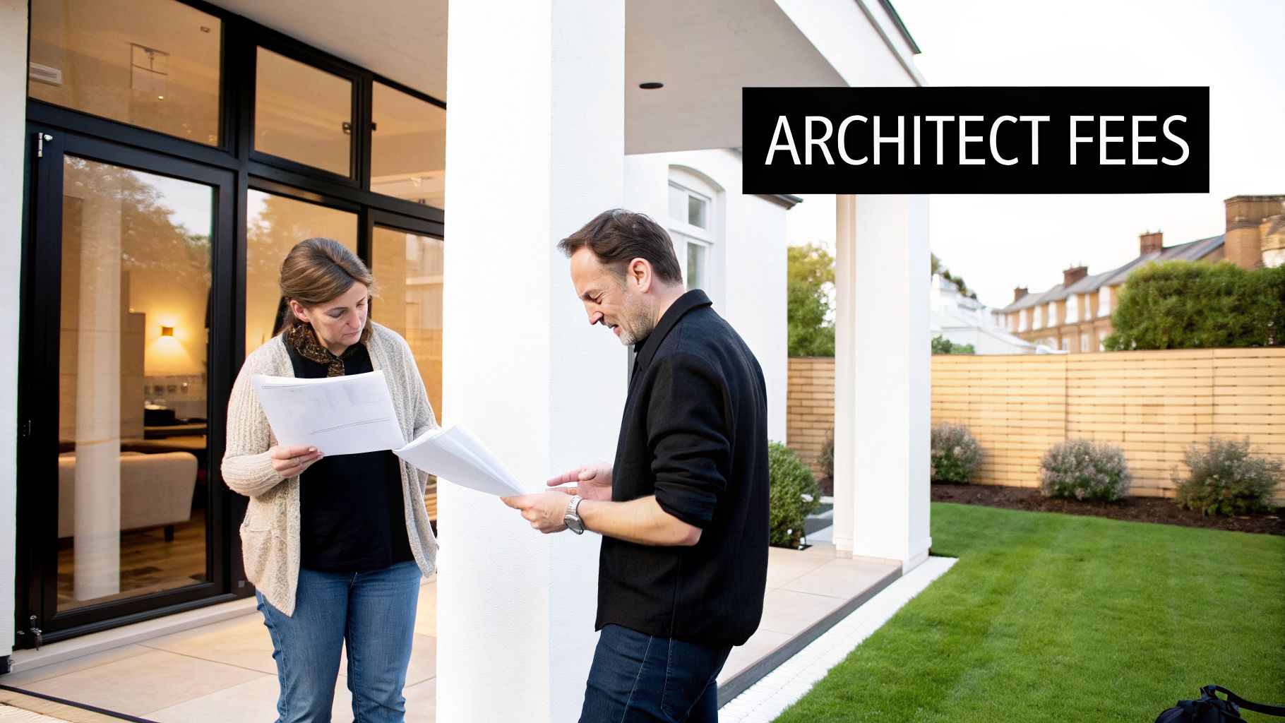 Two architects review building plans outdoors, discussing extension costs for a modern house.