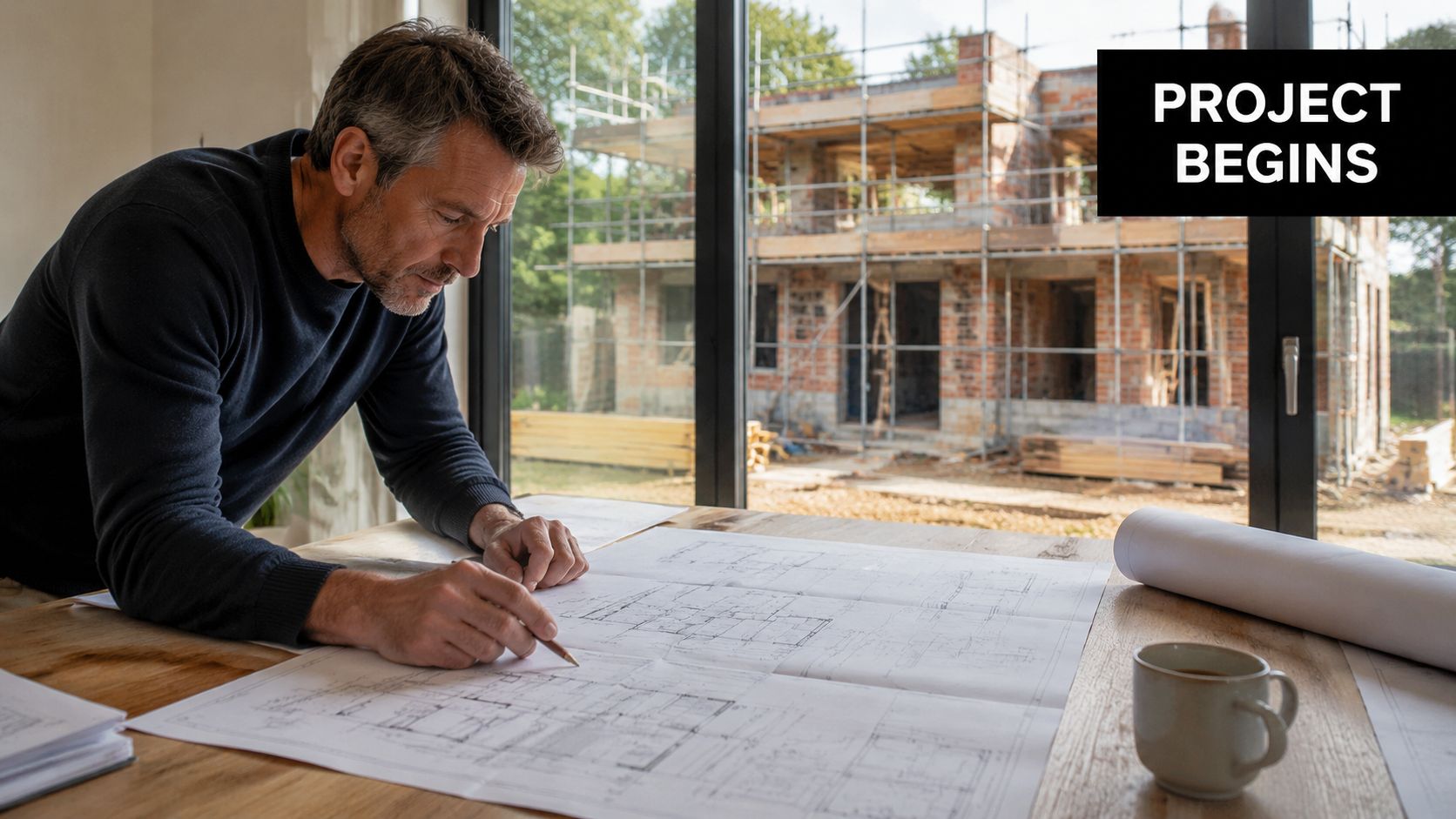 An architect reviews building blueprints at a wooden desk with a construction site visible outside.