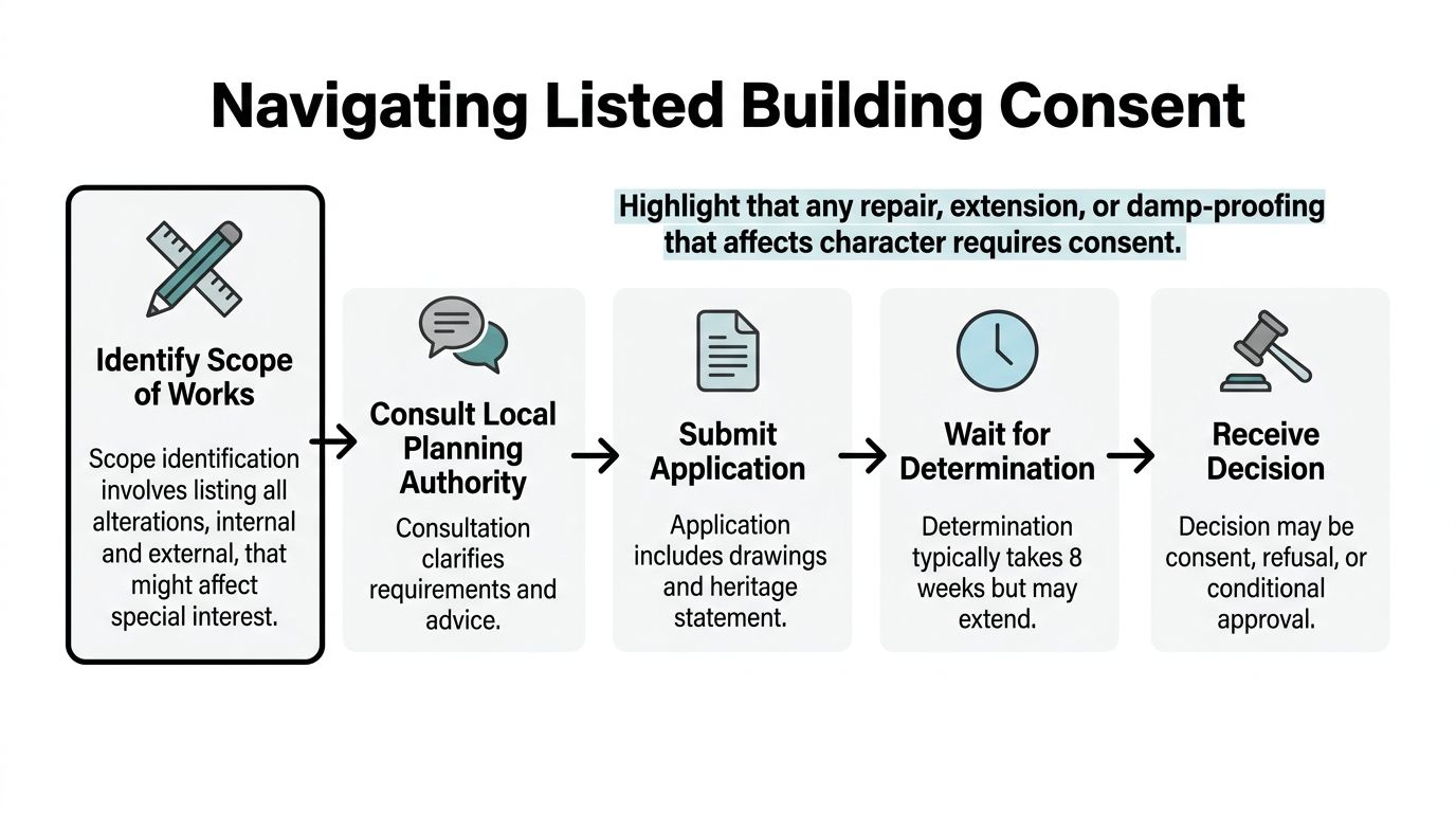 A flow chart illustrating the process of navigating listed building consent for heritage property renovations.