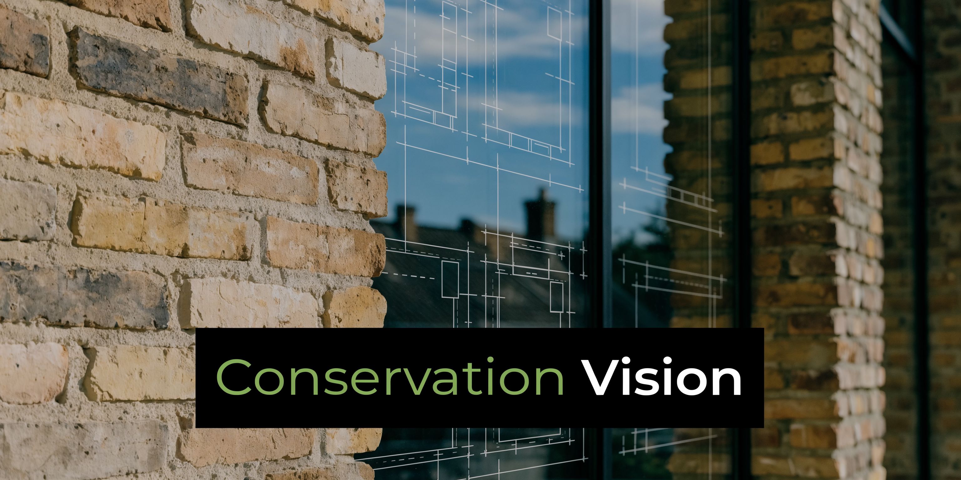 A close-up view of brick architecture with a blueprint overlay and the text Conservation Vision displayed prominently.