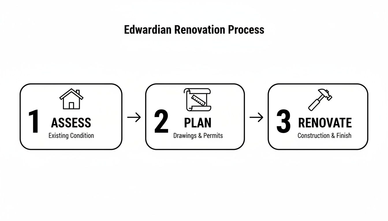 Infographic illustrating the Edwardian renovation process with steps: Assess, Plan, and Renovate.