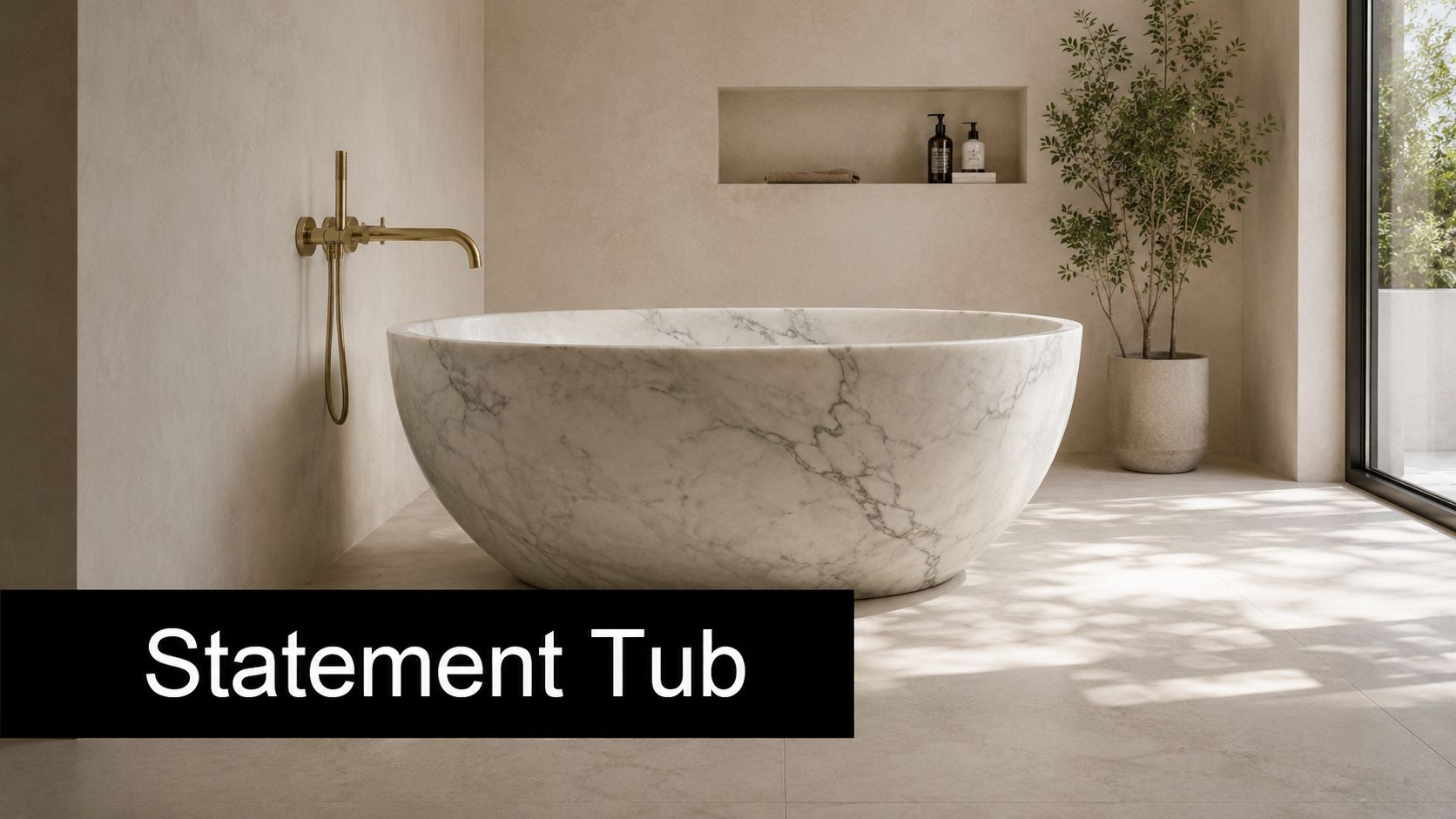 A luxurious marble soaking bathtub in a minimalist bathroom with elegant gold faucet and houseplant decor.