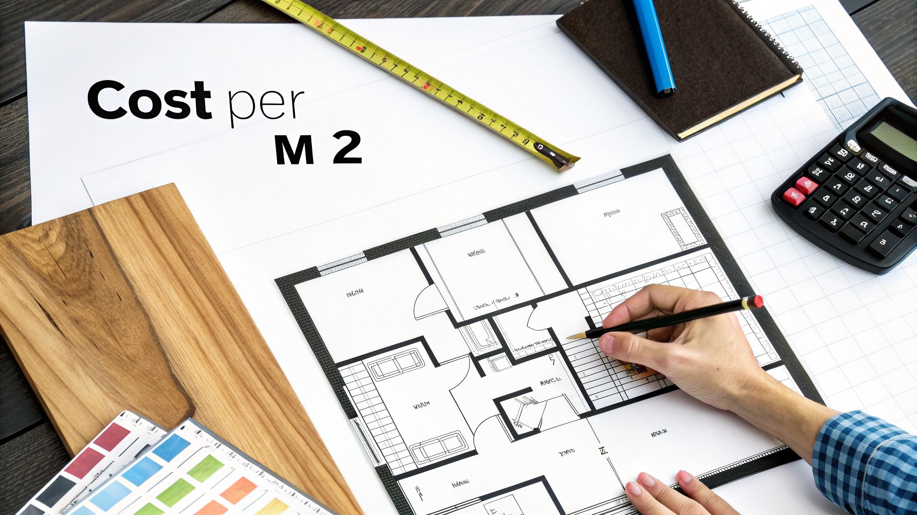 A person works on a house blueprint with a calculator and measuring tape to determine construction costs per square meter.