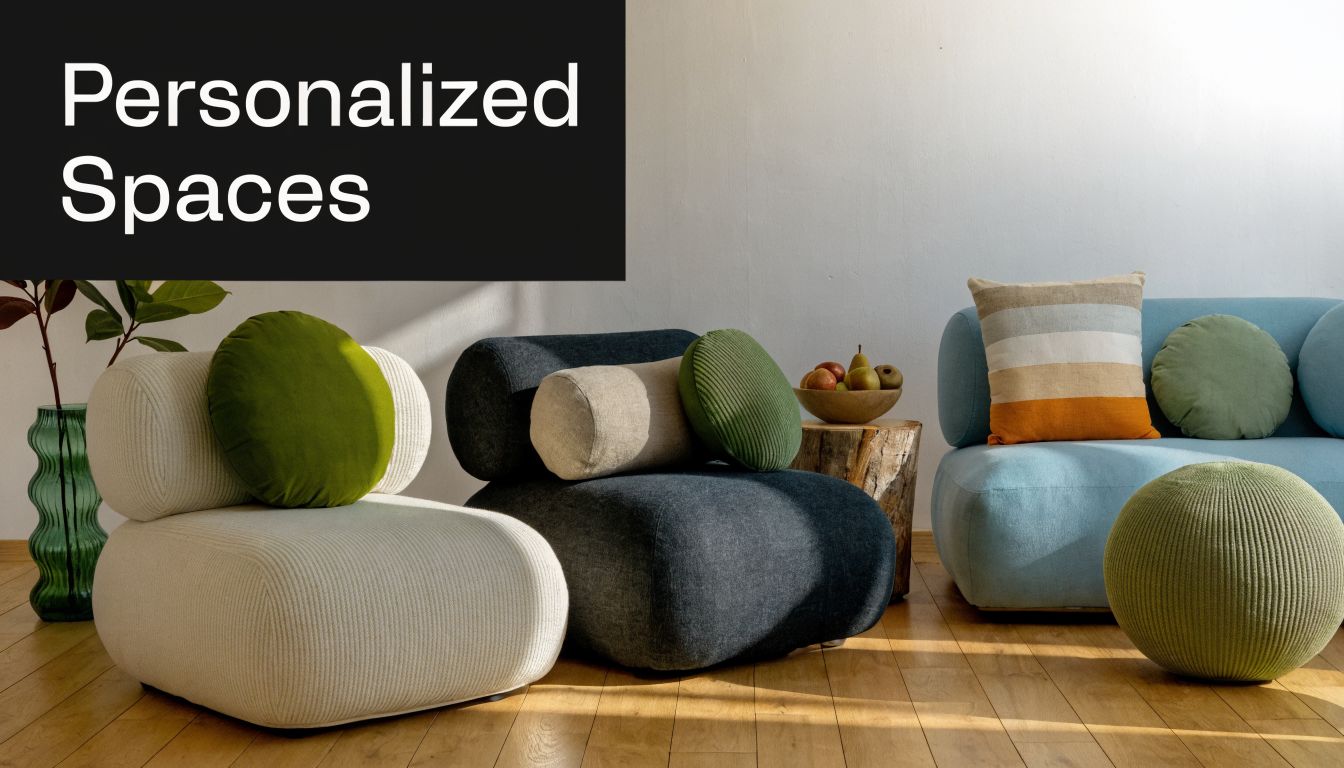 A minimalist living room with modern modular armchairs and a small sofa featuring soft, textured cushions.