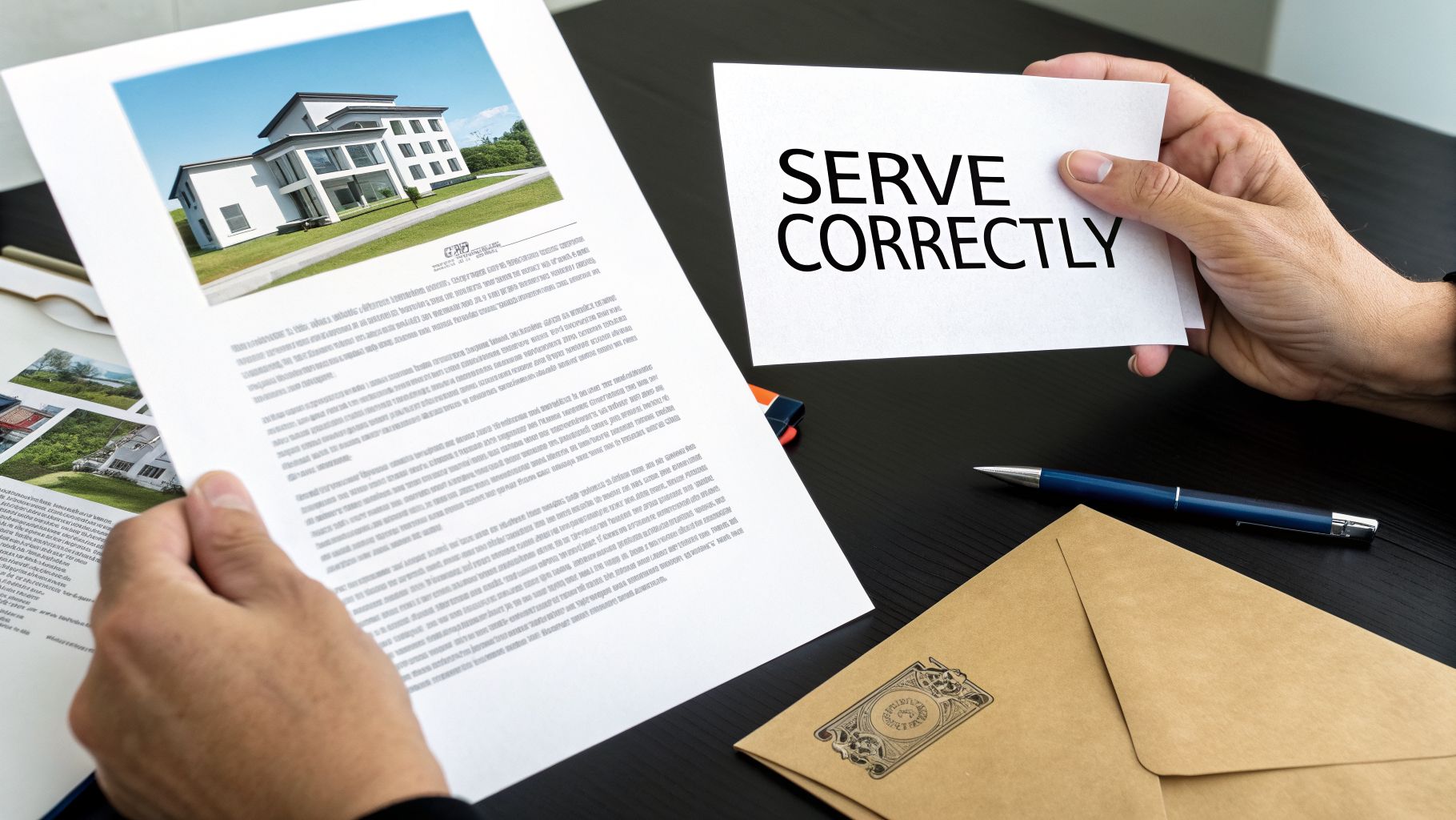 Hands holding real estate documents with a house image, and a note saying 'SERVE CORRECTLY'.