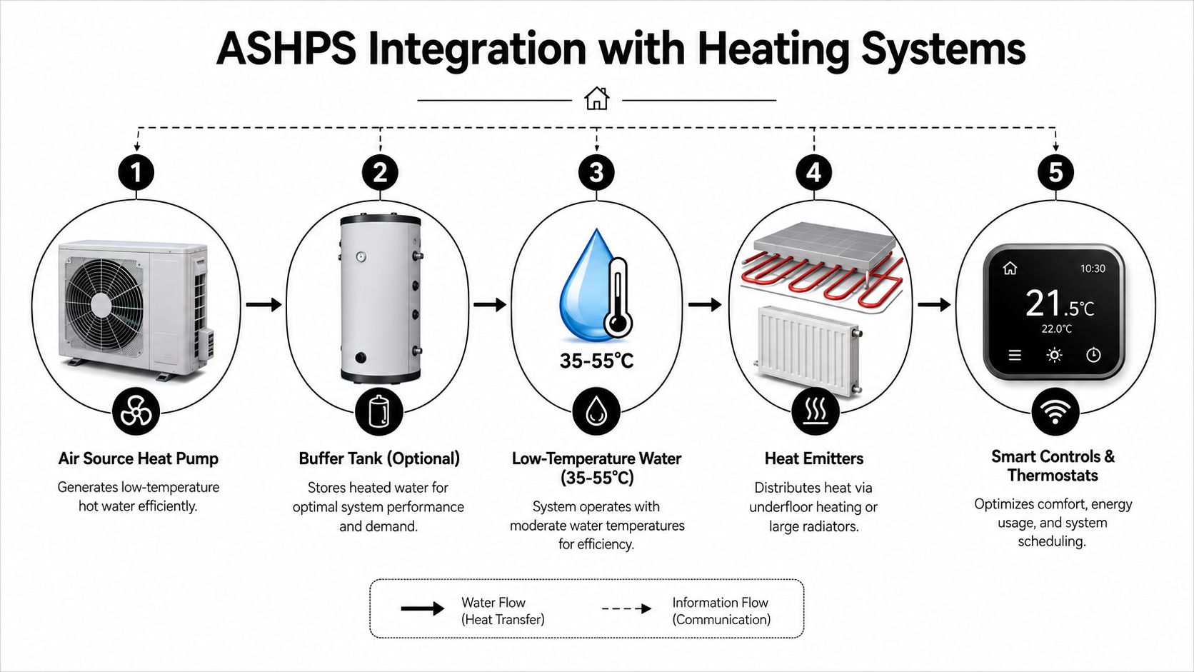 A diagram illustrating the integration of an air source heat pump system with home heating components.