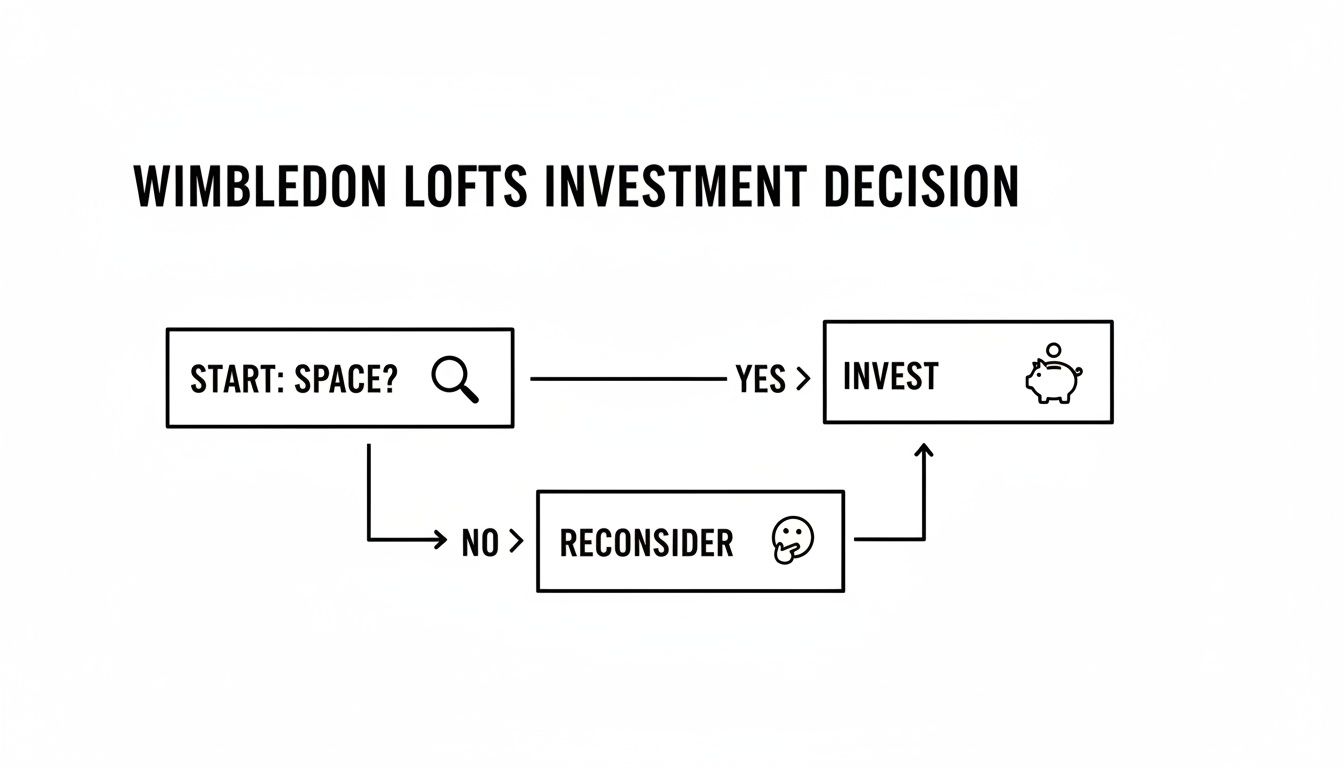 A flowchart outlining the Wimbledon Lofts investment decision process, starting with a 'Space?' query.