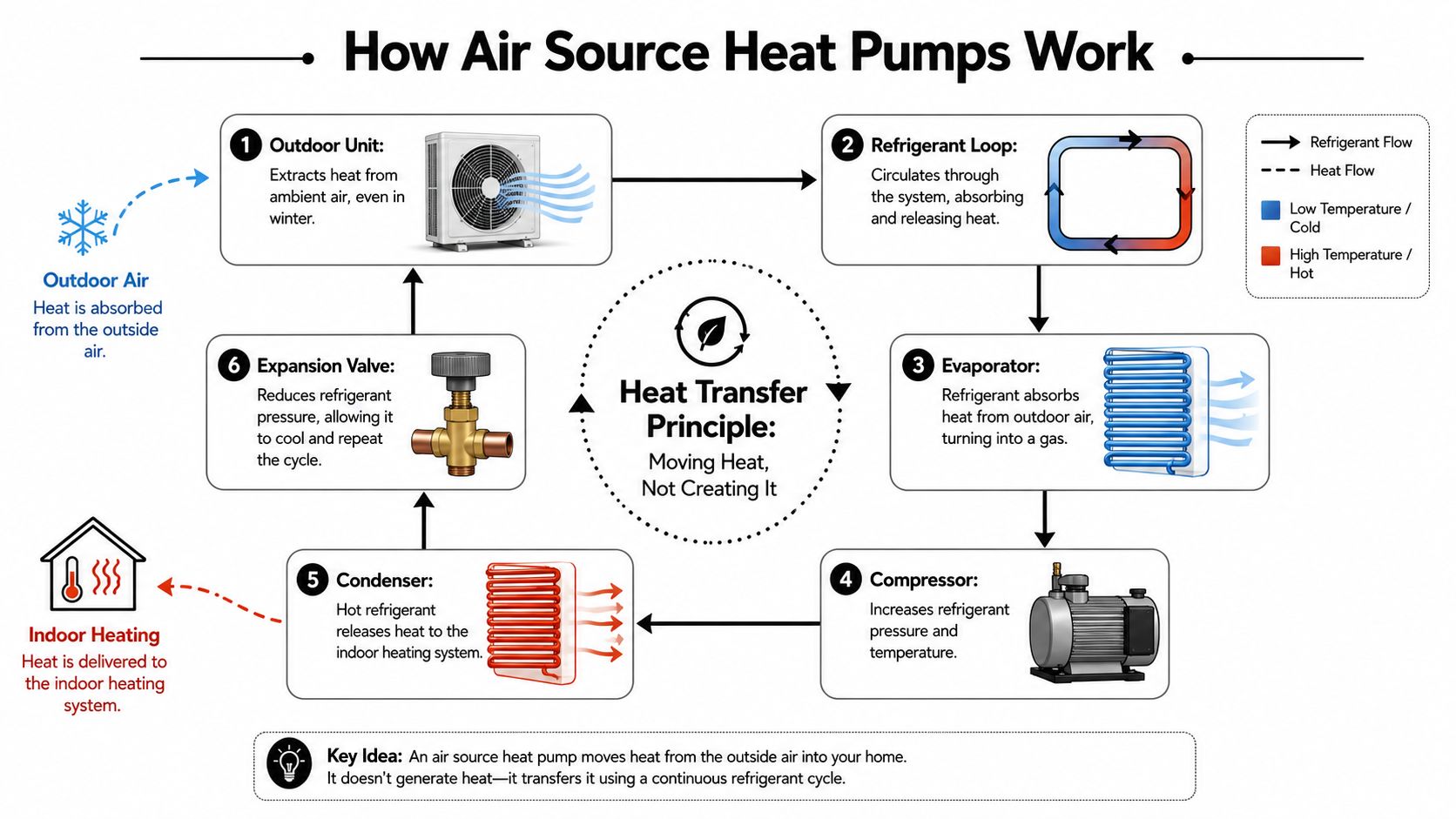 A diagram illustrating how an air source heat pump extracts outdoor heat to provide indoor heating.