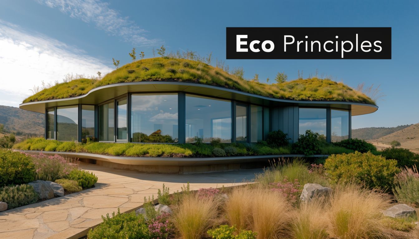 A modern eco-friendly house with a green living roof integrated into a natural desert landscape.